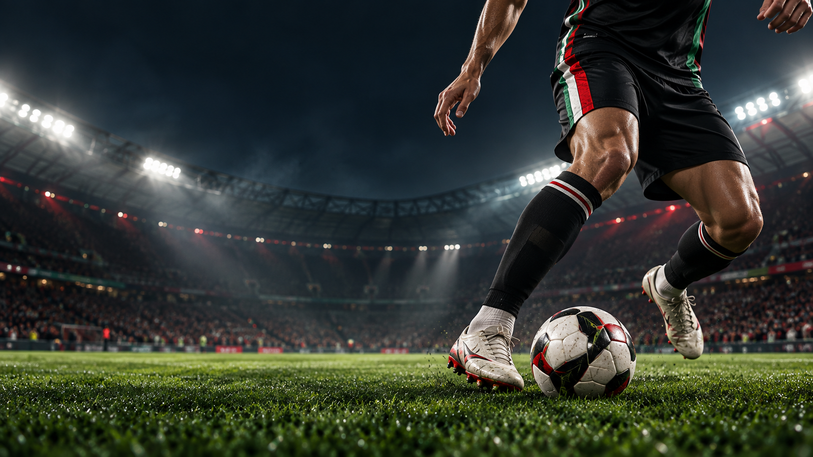 لاعب كرة قدم يسدد الكرة في ملعب مكتظ ليلاً.